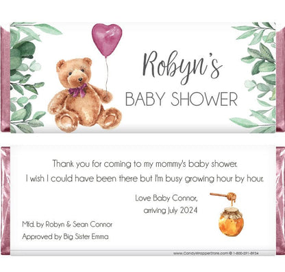 BS375 - Teddy Bear with Heart Balloon Baby Shower Candy Bar Wrappers Teddy Bear with Heart Balloon Baby Shower Candy Bar Wrappers Birth Announcement BS375