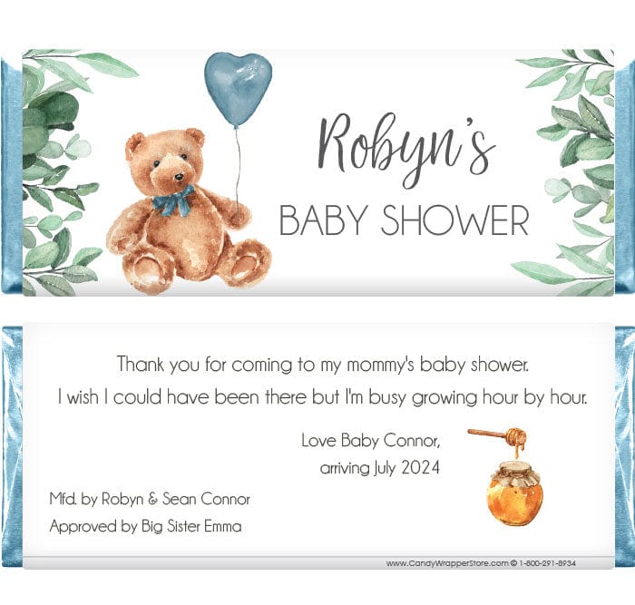 BS375 - Teddy Bear with Heart Balloon Baby Shower Candy Bar Wrappers Teddy Bear with Heart Balloon Baby Shower Candy Bar Wrappers Birth Announcement BS375