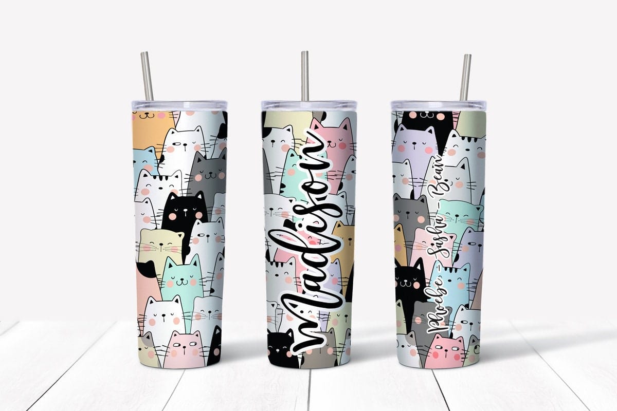 Cat Cup Tumbler with Your Name and Your Cats Names Printed in PERMANENT PRINT - 20 oz Hot Tumbler Candy Wrapper Store