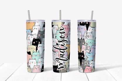 Cat Cup Tumbler with Your Name and Your Cats Names Printed in PERMANENT PRINT - 20 oz Hot Tumbler Candy Wrapper Store