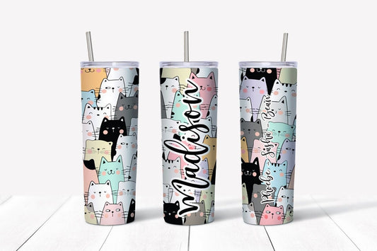 Cat Cup Tumbler with Your Name and Your Cats Names Printed in PERMANENT PRINT - 20 oz Hot Tumbler Candy Wrapper Store