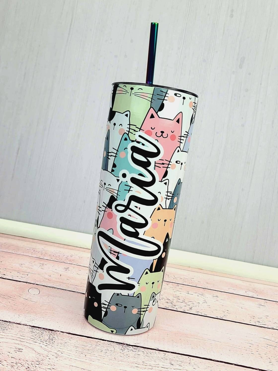 Cat Cup Tumbler with Your Name and Your Cats Names Printed in PERMANENT PRINT - 20 oz Hot Tumbler Candy Wrapper Store