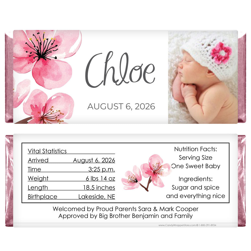 Cherry Blossom Photo Birth Announcement Candy Wrapper