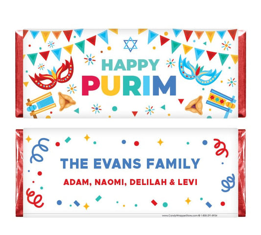 Colorful Happy Purim Personalized Candy Bar Wrapper Candy Wrappers purim202