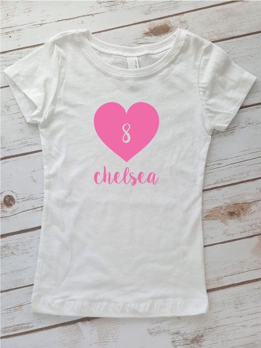 Customized Glitter Heart with Age and Name Girls T-shirt Customized Glitter or Solid Color Heart with Age and Name Girls T-shirt Candy Wrapper Store