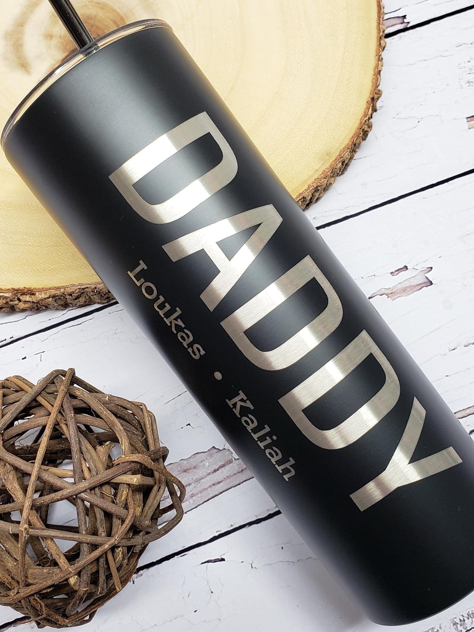 Daddy with Kids Names Laser Engraved Matte Blush Tumbler - Double Wall 20oz Tumbler with Straw Mugs Candy Wrapper Store