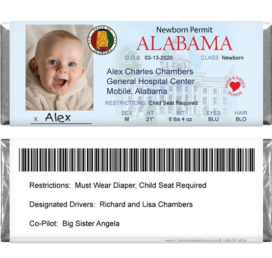DL-ALABAMA - Drivers License Birth Announcement Candy Bar Wrappers Alabama Drivers Licence Birth Announcement Candy Bar Wrappers for 1.55 oz Hershey's Candy Bars Birth Announcement Candy Wrapper Store
