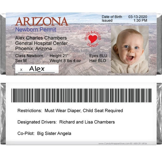 DL-ARIZONA - Drivers License Birth Announcement Candy Bar Wrappers Arizona Drivers Licence Birth Announcement Candy Bar Wrappers for 1.55 oz Hershey's Candy Bars Birth Announcement Candy Wrapper Store