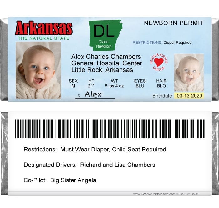 DL-ARKANSAS - Drivers License Birth Announcement Candy Bar Wrappers Arkansas Drivers Licence Birth Announcement Candy Bar Wrappers for 1.55 oz Hershey's Candy Bars Birth Announcement Candy Wrapper Store