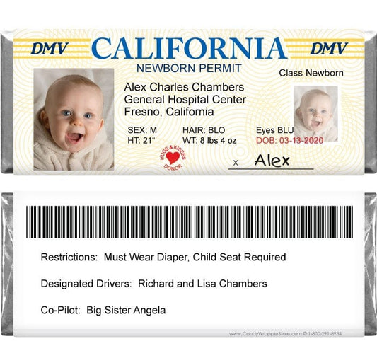 DL-CALIFORNIA - Drivers License Birth Announcement Candy Bar Wrappers California Drivers Licence Birth Announcement Candy Bar Wrappers for 1.55 oz Hershey's Candy Bars Birth Announcement Candy Wrapper Store