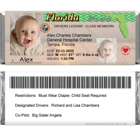 DL-FLORIDA - Drivers License Birth Announcement Candy Bar Wrappers Florida Drivers Licence Birth Announcement Candy Bar Wrappers for 1.55 oz Hershey's Candy Bars Birth Announcement Candy Wrapper Store