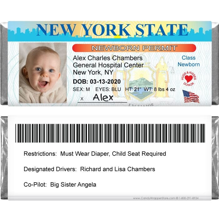 DL-NEWYORK - Drivers License Birth Announcement Candy Bar Wrappers New York Drivers Licence Birth Announcement Candy Bar Wrappers for 1.55 oz Hershey's Candy Bars Birth Announcement Candy Wrapper Store