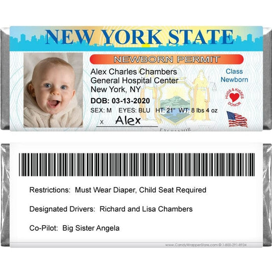 DL-NEWYORK - Drivers License Birth Announcement Candy Bar Wrappers New York Drivers Licence Birth Announcement Candy Bar Wrappers for 1.55 oz Hershey's Candy Bars Birth Announcement Candy Wrapper Store