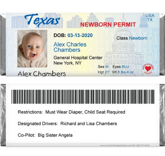 DL-TEXAS- Drivers License Birth Announcement Candy Bar Wrapper Texas Drivers Licence Birth Announcement Candy Bar Wrappers for 1.55 oz Hershey's Candy Bars Birth Announcement Candy Wrapper Store