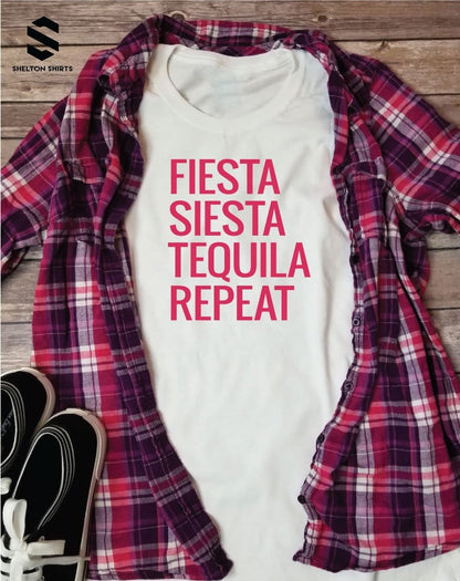 Fiesta Siesta Tequila Repeat Word Font on Super Soft Cotton Comfy T-Shirt Candy Wrapper Store
