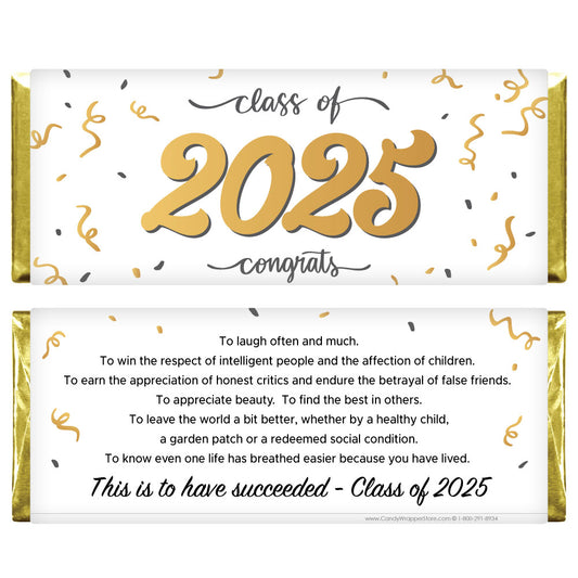 Graduation-themed candy bar wrapper with 'class of 2027' text and motivational quote.
