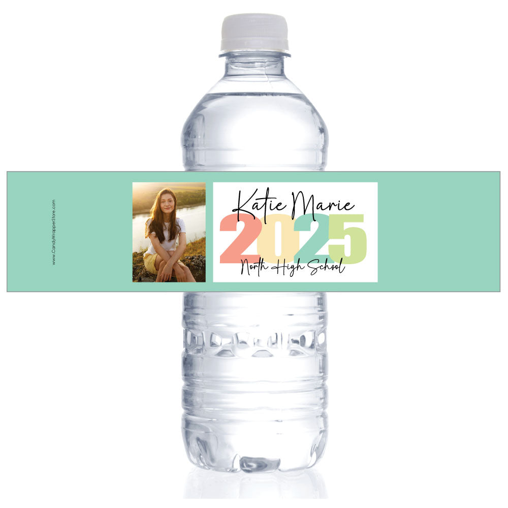 Clear water bottle with a personalized label featuring a photo and text on a white background