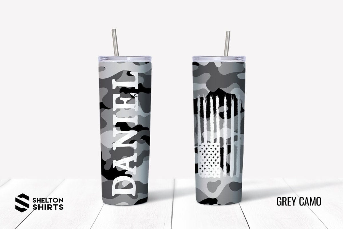 Groomsmen Camo Tumbler with Name on the Front and Distressed Flag on the Back Candy Wrapper Store