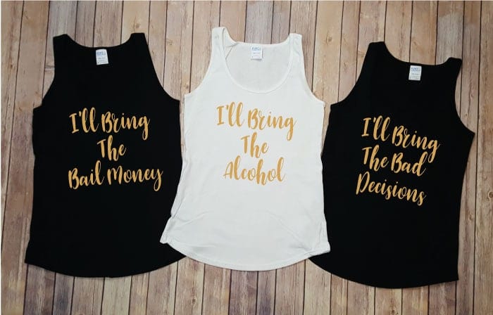 I'll Bring the Alcohol - I'll Bring the Bad Decisions - Script Font - Funny Bridesmaids Bachelorette Party Black or White Tanks Candy Wrapper Store