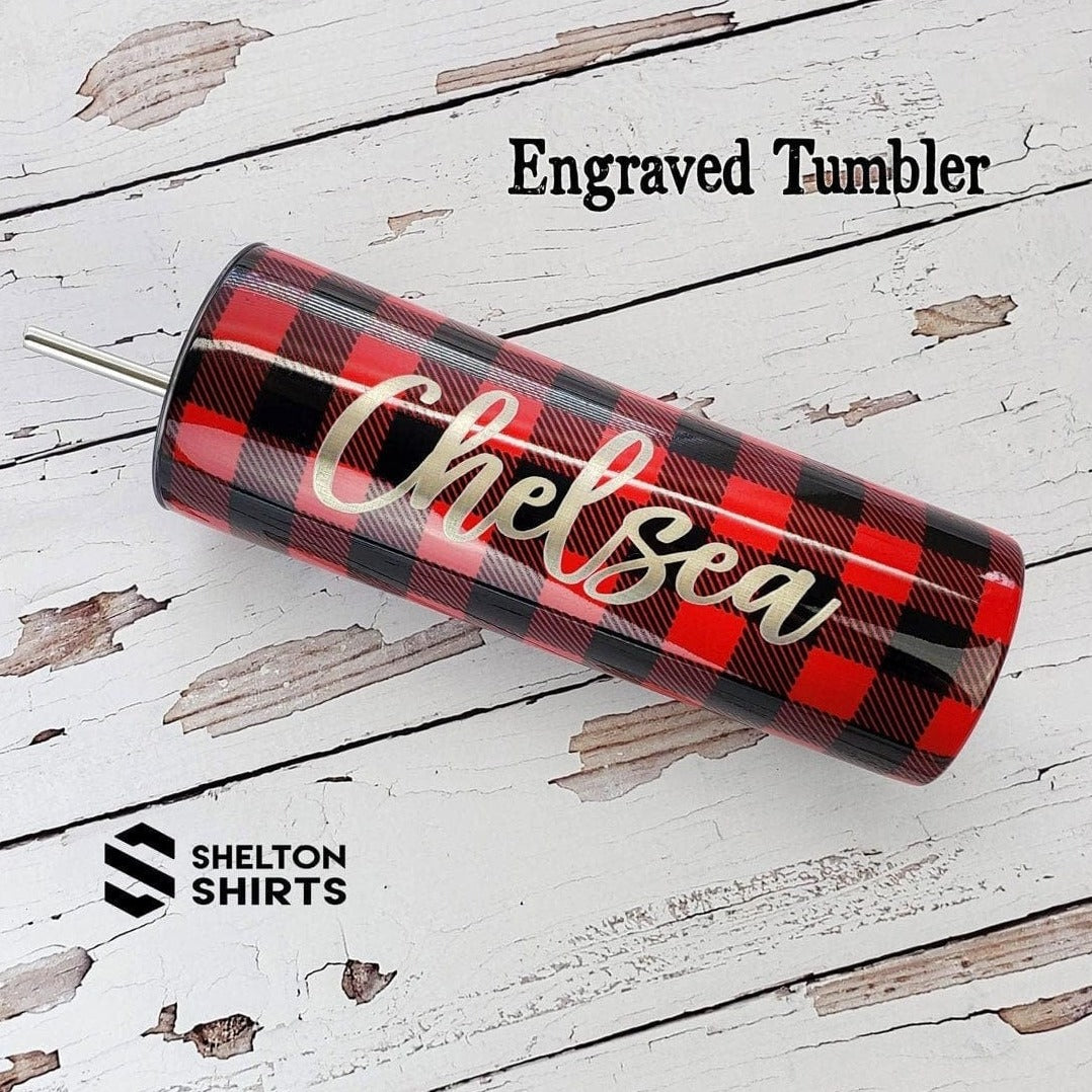 Laser Engraved Buffalo Plaid Tumbler with Script Name on side - Double Wall 20oz Hot Tumbler with Straw Candy Wrapper Store