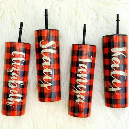Laser Engraved Buffalo Plaid Tumbler with Script Name on side - Double Wall 20oz Hot Tumbler with Straw Candy Wrapper Store