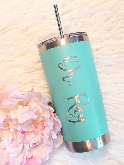 Laser Engraved Script Name Tumbler - 20oz Hot Tumbler with Silver Stainless Straw Laser Engraved Script Name Tumbler - 20oz Hot Tumbler with Stainless Straw Mugs Candy Wrapper Store