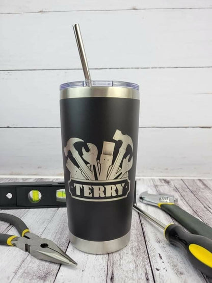 Laser Engraved Tumbler with Tools Graphic and Name Mugs Candy Wrapper Store