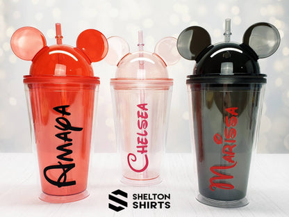 Mickey Mouse Ears Tumbler with Personalized Name Decal - Double Wall high grade 16 oz acrylic tumbler with colored straw Mugs Candy Wrapper Store