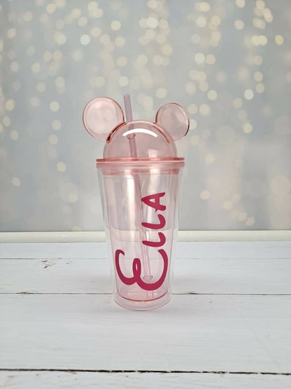 Brand: CuteCups, Type: Acrylic Tumbler, Specs: 15oz Double Wall W/ Mouse  Ears & Straw, Keywords: Reusable Clear Drink Cup, Key Points: Dome Lid &  Cute Design, Features: Insulated & BPA Free, Application