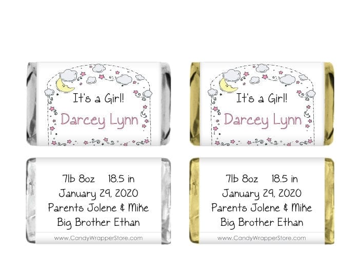MINI216G - Miniature Baby Girl Moon and Stars Wrappers Miniature Girl Birth Announcement Candy Bar Wrappers Baby & Toddler Candy Wrapper Store
