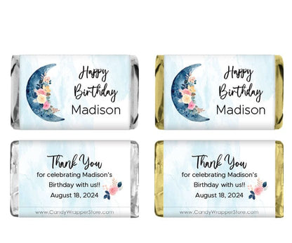 Miniature Blue Crescent Moon Floral Birthday Candy Bar Wrappers Party Favors BD495
