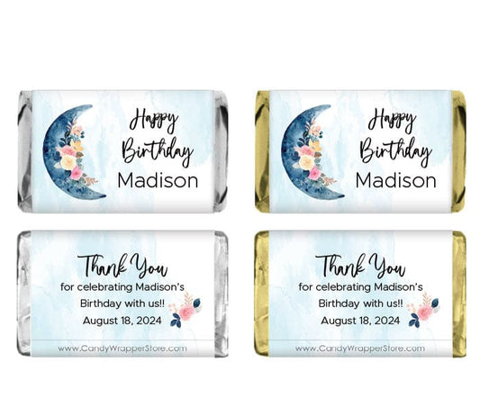 Miniature Blue Crescent Moon Floral Birthday Candy Bar Wrappers Party Favors BD495