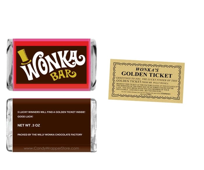 Miniature Wonka Bar Candy Wrapper and Mini Golden Tickets - 48 wrappers and  golden tickets (candy not included)