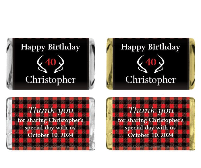 MINIBD502 - Miniature Red and Black Buffalo Plaid Antler Birthday Candy Bar Wrappers Miniature Red and Black Buffalo Plaid Antler Birthday Candy Bar Wrappers Party Favors BD502