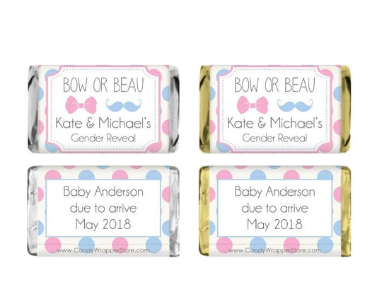 MINIBS267 - Miniature Bow or Beau Polka Dots Gender Reveal Candy Bar Wrappers Bow or Beau Polka Dots Gender Reveal Miniature Custom Candy Bar Wrappers for Baby Showers Birth Announcement BS267