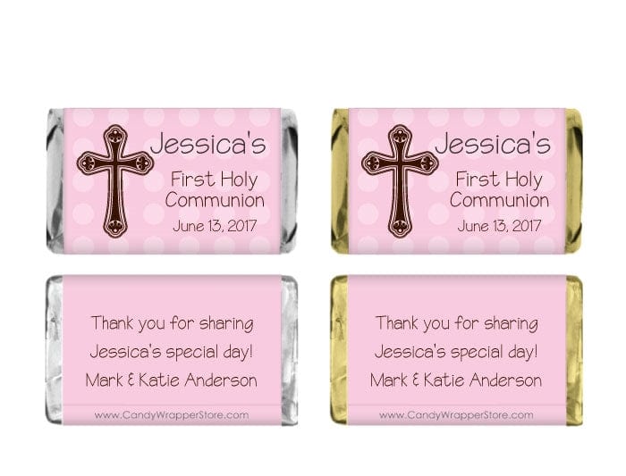 MINIREL222PINK - Mini Religious Pink and Brown Cross Candy Bar Wrapper Mini Religious Pink and Brown Cross Candy Bar Wrapper for Miniature Hershey's chocolate bars REL222