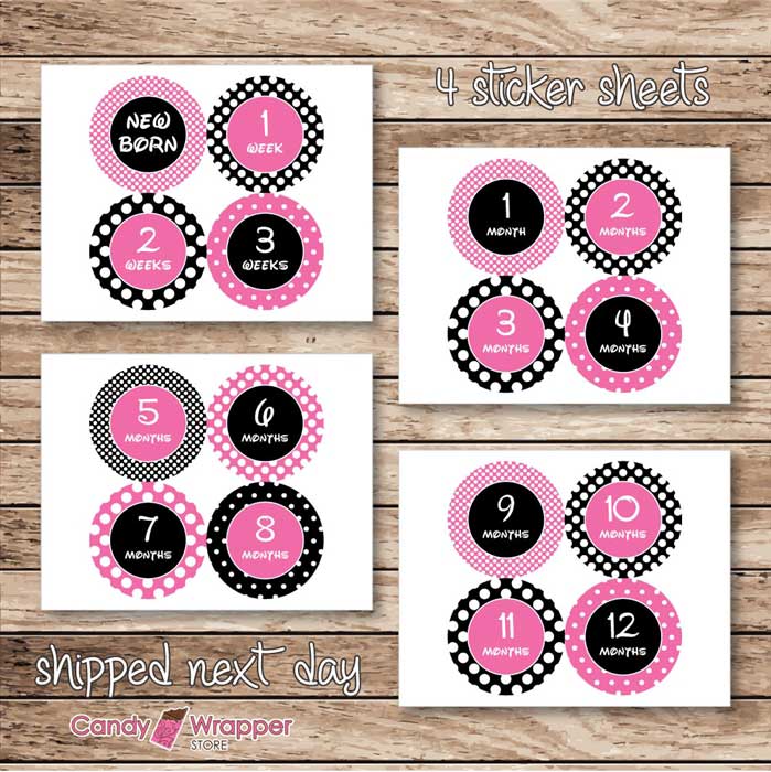 Minnie Mouse Pink Dots Monthly Milestone Stickers - set of 16 Candy Wrapper Store - Minnie Mouse Pink Dots Monthly Milestone Stickers Party Favors Candy Wrapper Store