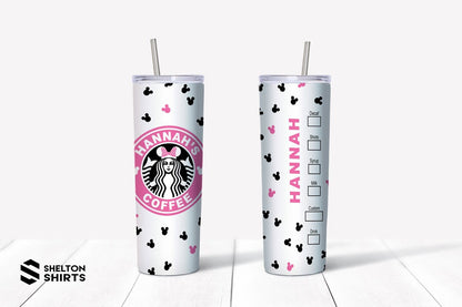 Minnie Starbucks Tumbler with Personalized Name up the side - PERMANENT PRINT - 20oz Hot Tumbler Shelton Shirts