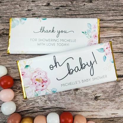 Oh Baby Watercolor Peony Baby Shower Candy Bar Wrappers - BS436 Birth Announcement BS436