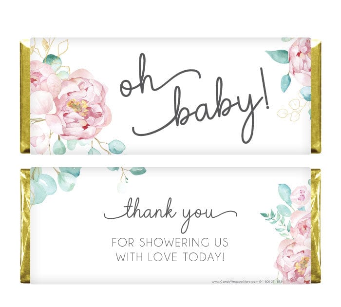 Non-Personalized Oh Baby Watercolor Peony Baby Shower Candy Bar Wrappers - Set of 36 Birth Announcement BS436