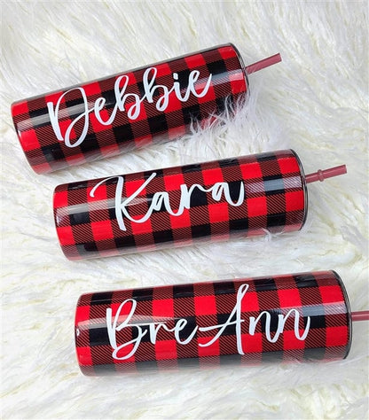 Personalized Buffalo Plaid Tumbler with Script Name on side Personalized Buffalo Plaid Tumbler with Script Name on side - Christmas Gift - Double Wall 20oz Hot Tumbler with Straw Tumblers Candy Wrapper Store