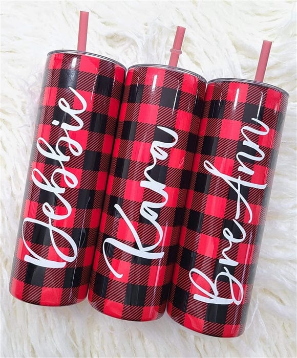 Personalized Buffalo Plaid Tumbler with Script Name on side Personalized Buffalo Plaid Tumbler with Script Name on side - Christmas Gift - Double Wall 20oz Hot Tumbler with Straw Tumblers Candy Wrapper Store
