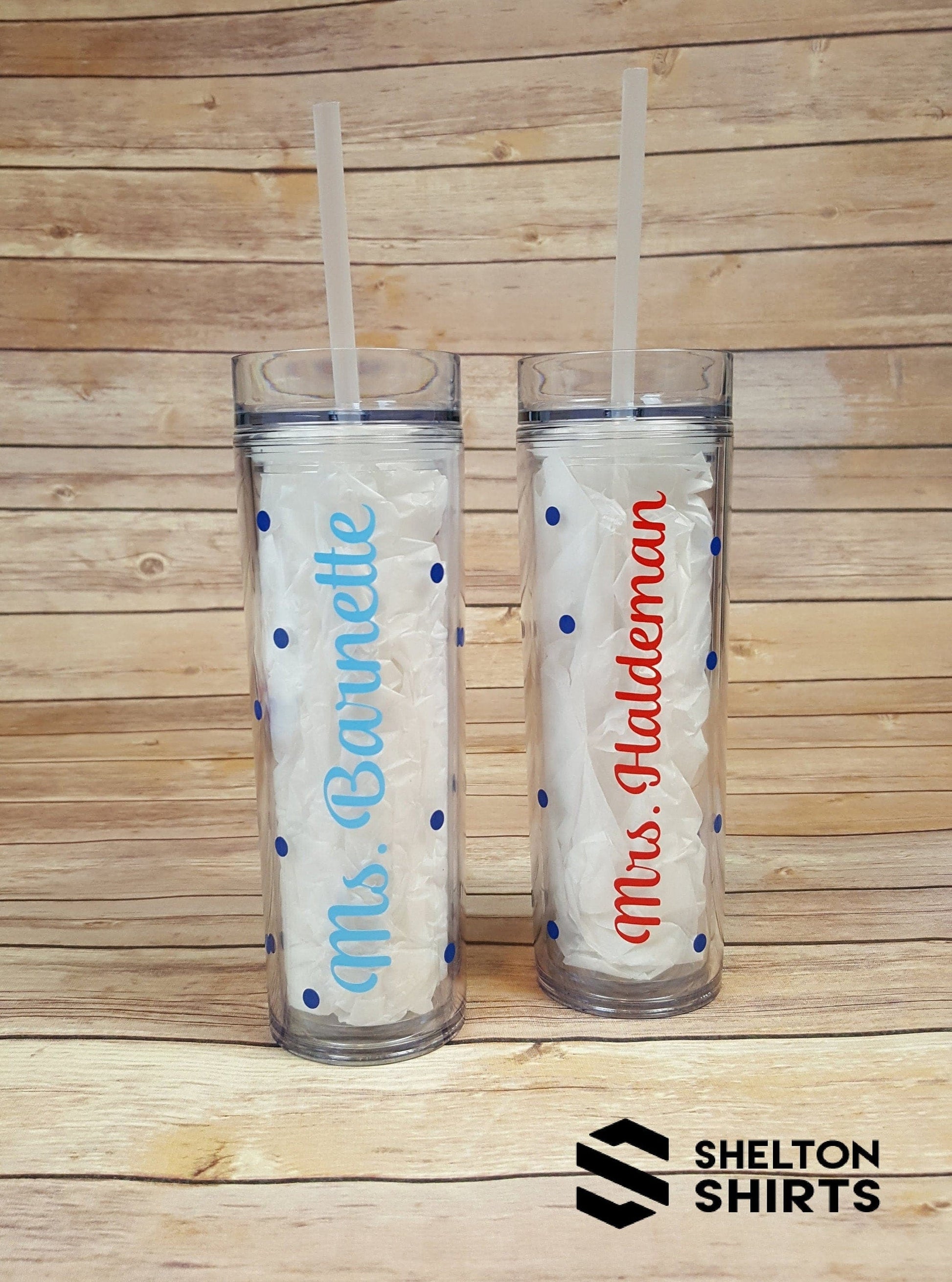 Personalized Teacher's Script Name and Dots Acrylic Clear Tumbler with Straw and Free Personalization - Teacher Appreciation Gift Mugs Candy Wrapper Store