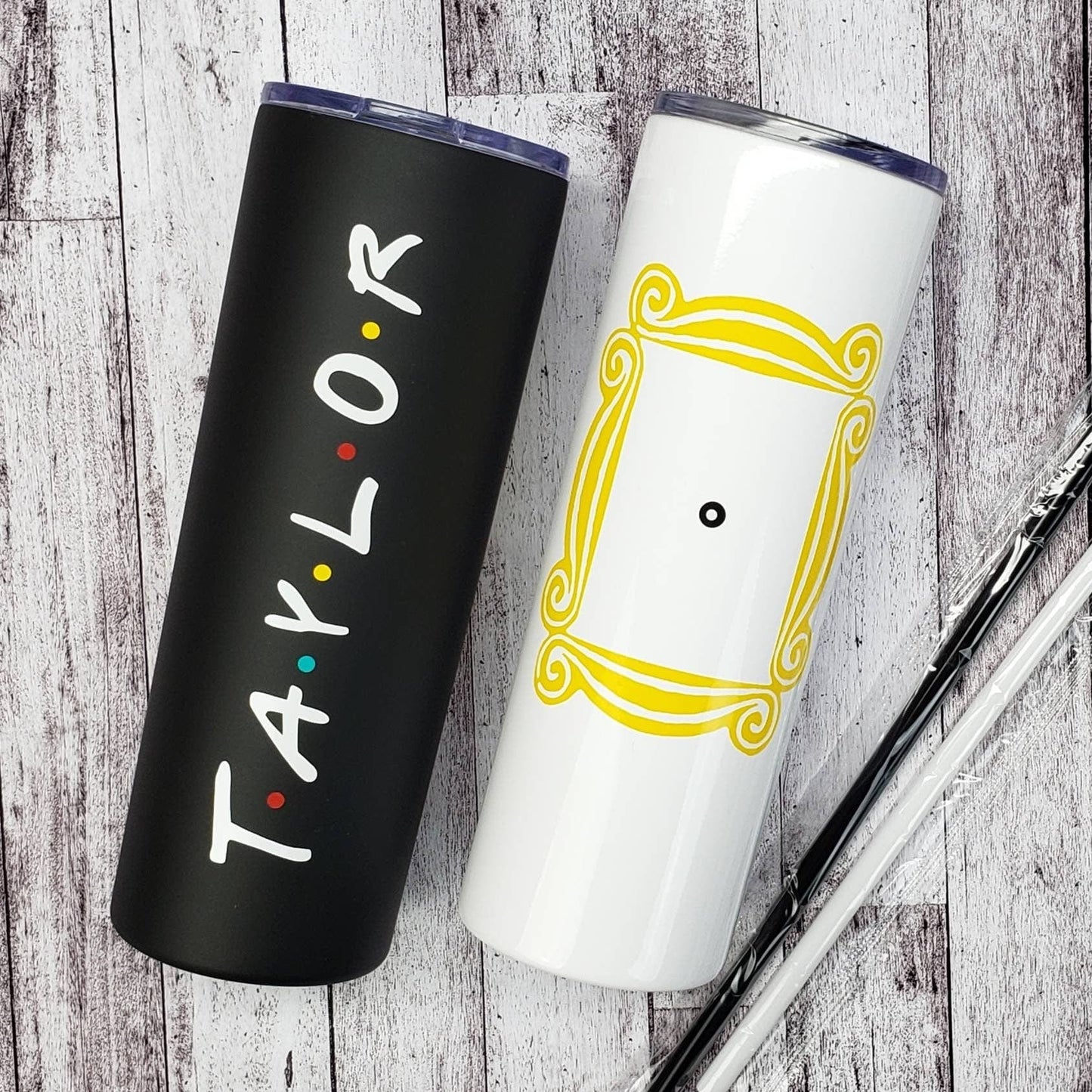 Personalized Tumbler with Yellow Frame with Peephole and your name in the FRIENDS style on the back - Double Wall 20 oz Hot Tumbler Candy Wrapper Store