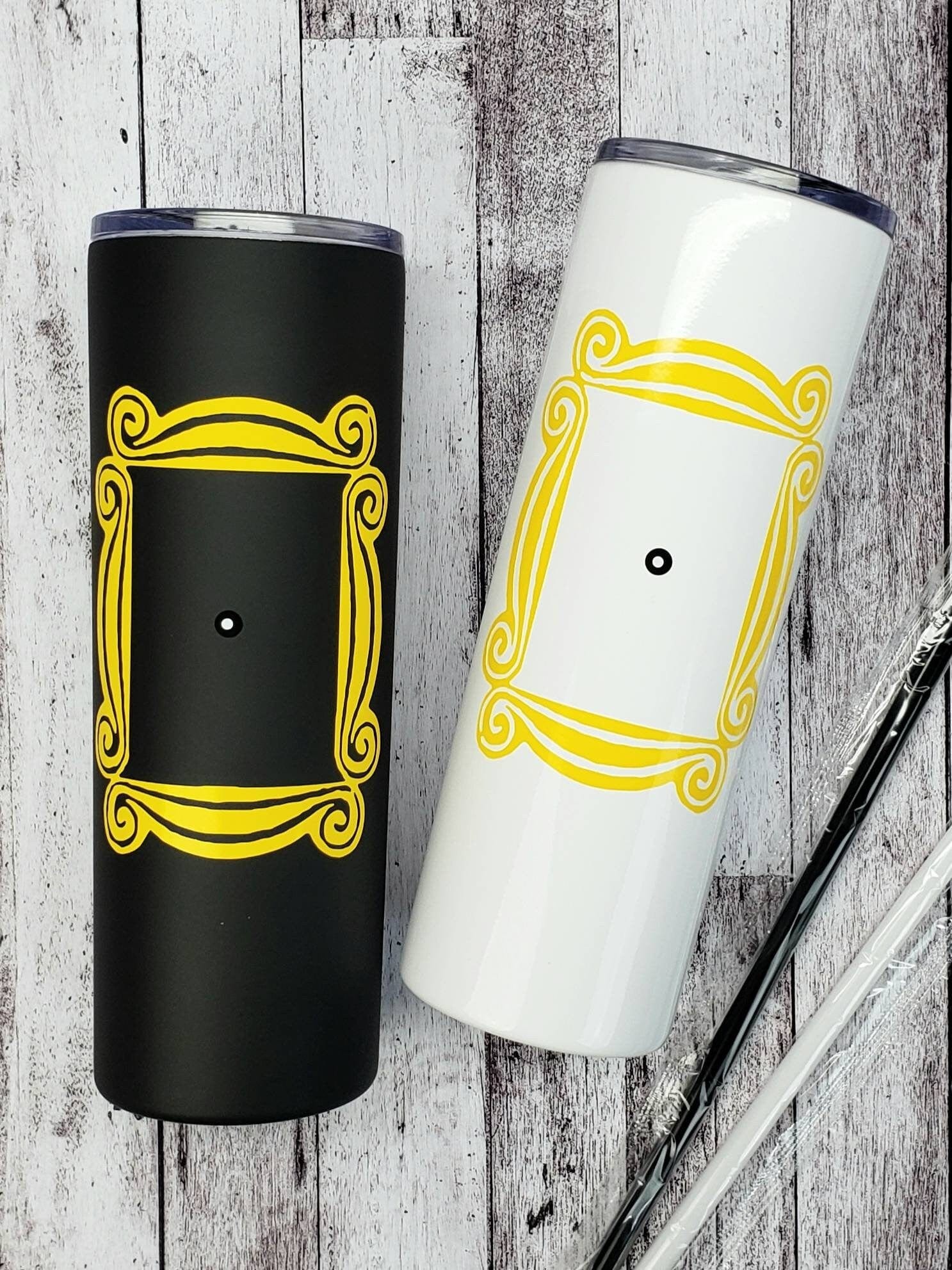 Personalized Tumbler with Yellow Frame with Peephole and your name in the FRIENDS style on the back - Double Wall 20 oz Hot Tumbler Candy Wrapper Store