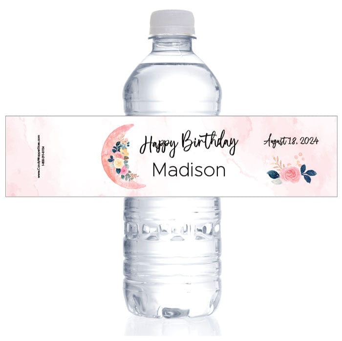 Pink Crescent Moon Floral Birthday Water Bottle Labels Party Favors bd495