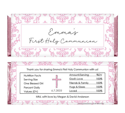 Pink Damask First Holy Communion Candy Wrapper - REL229 Pink Damask First Holy Communion Candy Wrapper REL229