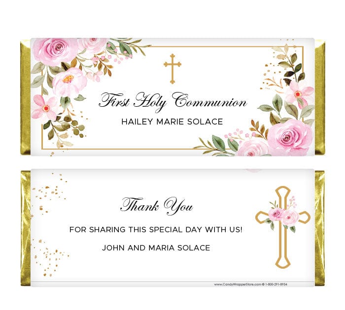 Pink Floral and Gold Cross Religious Candy Bar Wrappers - REL255 Pink Floral and Gold Cross Religious Candy Bar Wrappers REL255