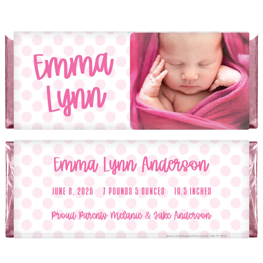 BAG265photo - Pretty Pink Polka Dots Baby Girl Announcement Candy Bar Wrapper Pretty Pink Polka Dots Baby Girl Announcement Candy Bar Wrapper Birth Announcement BAG265