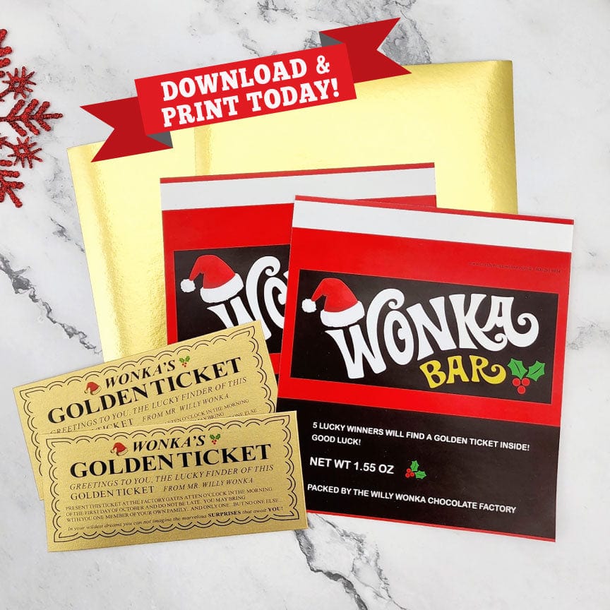 Printable Holiday Santa Hat Wonka Bar Wrapper and Golden Ticket - Download and Print at Home Printable Wonka Bar Wrapper and Golden Ticket Party Favors wonka